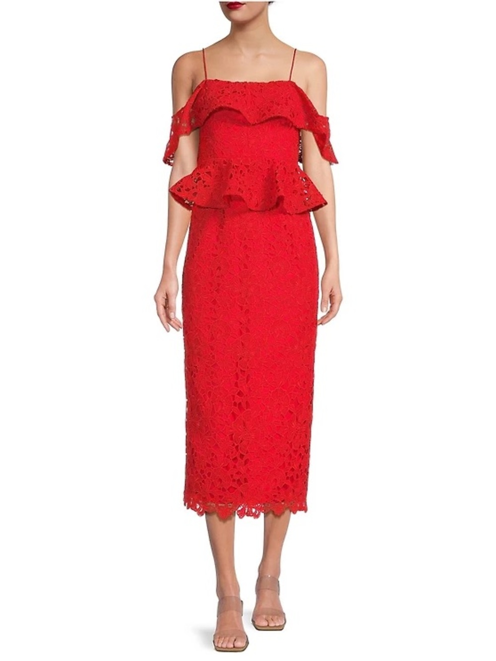 Muse by Marchesa Red Lace Midi Dress 2 NWT Wedding Guest Cocktail Peplum